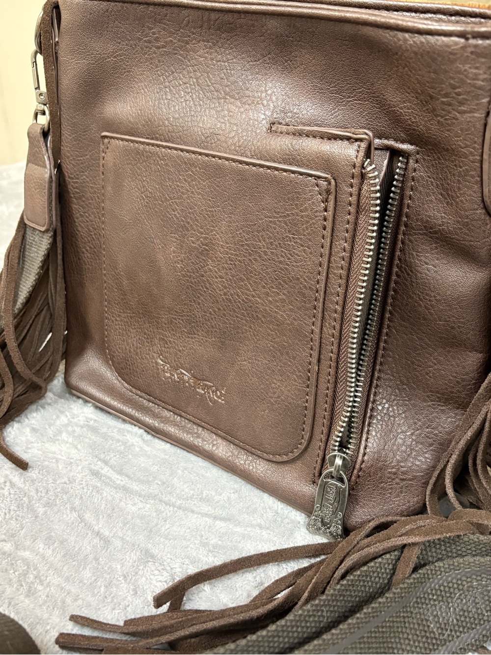 Brown Haircalf Crossbody with Tooled Leather with Conceal Weapon Pocket - Picture 5 of 7